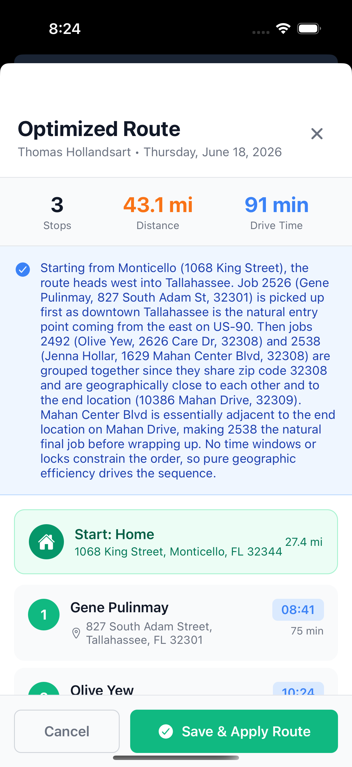 TradeCaddy optimized route suggestion