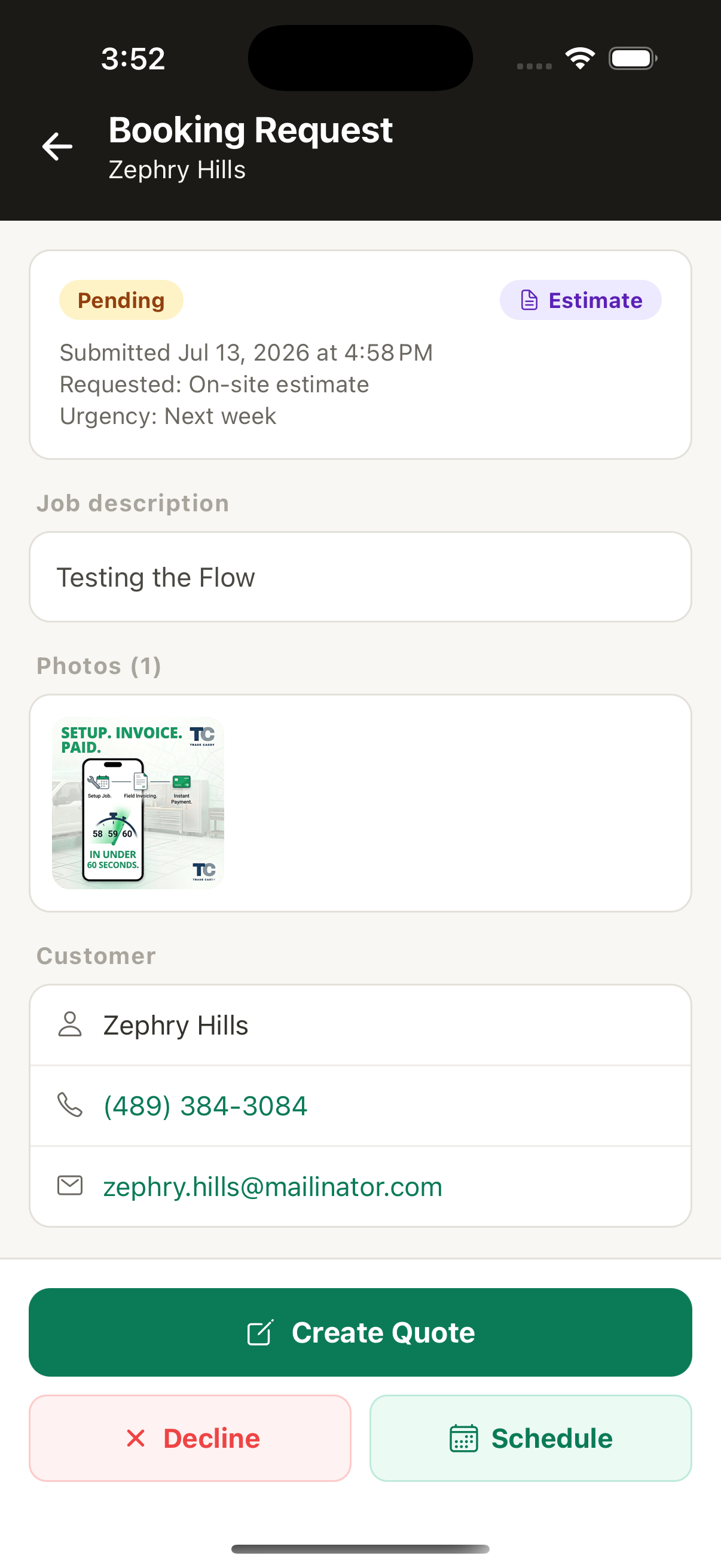 A booking request in Trade Caddy with job description, photo and customer details