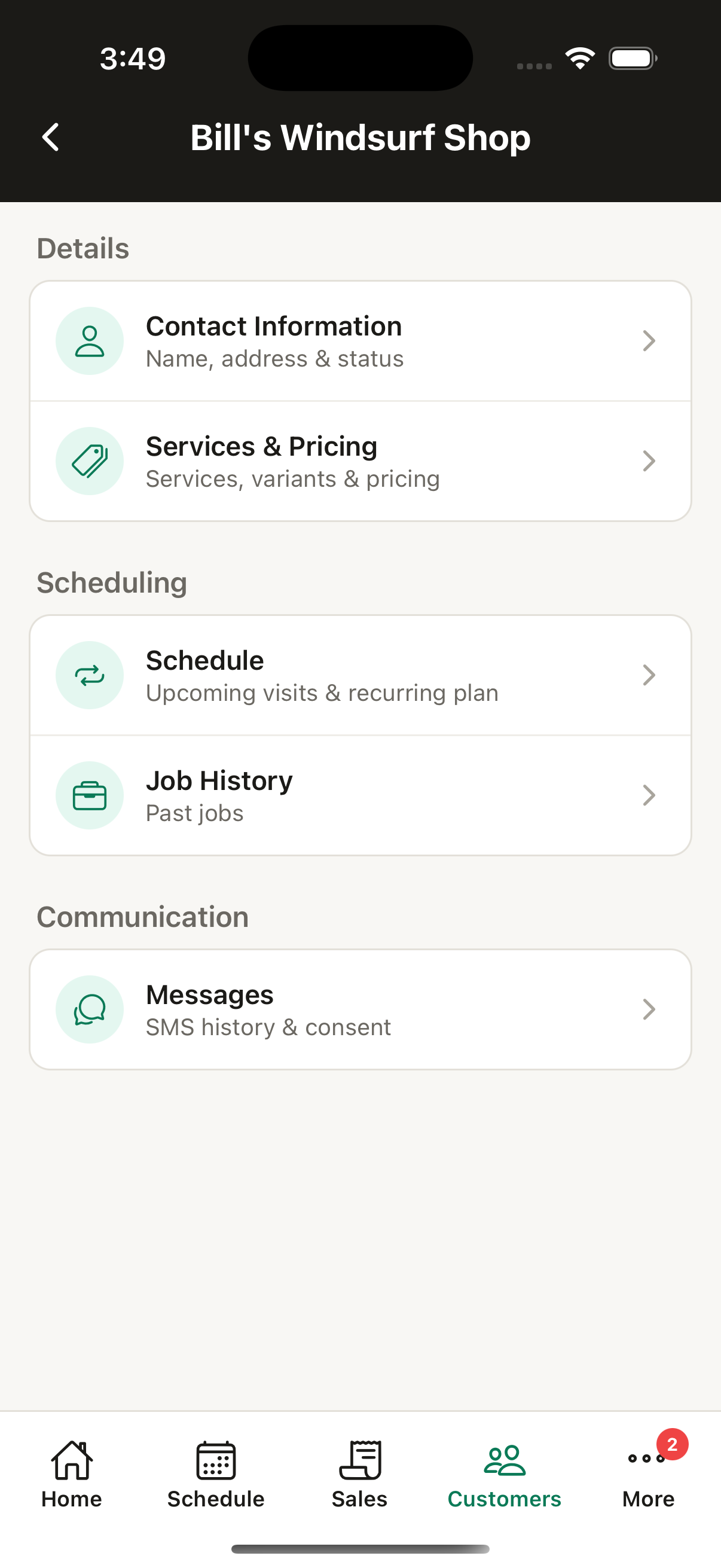 A customer record in Trade Caddy showing schedule, job history and messages