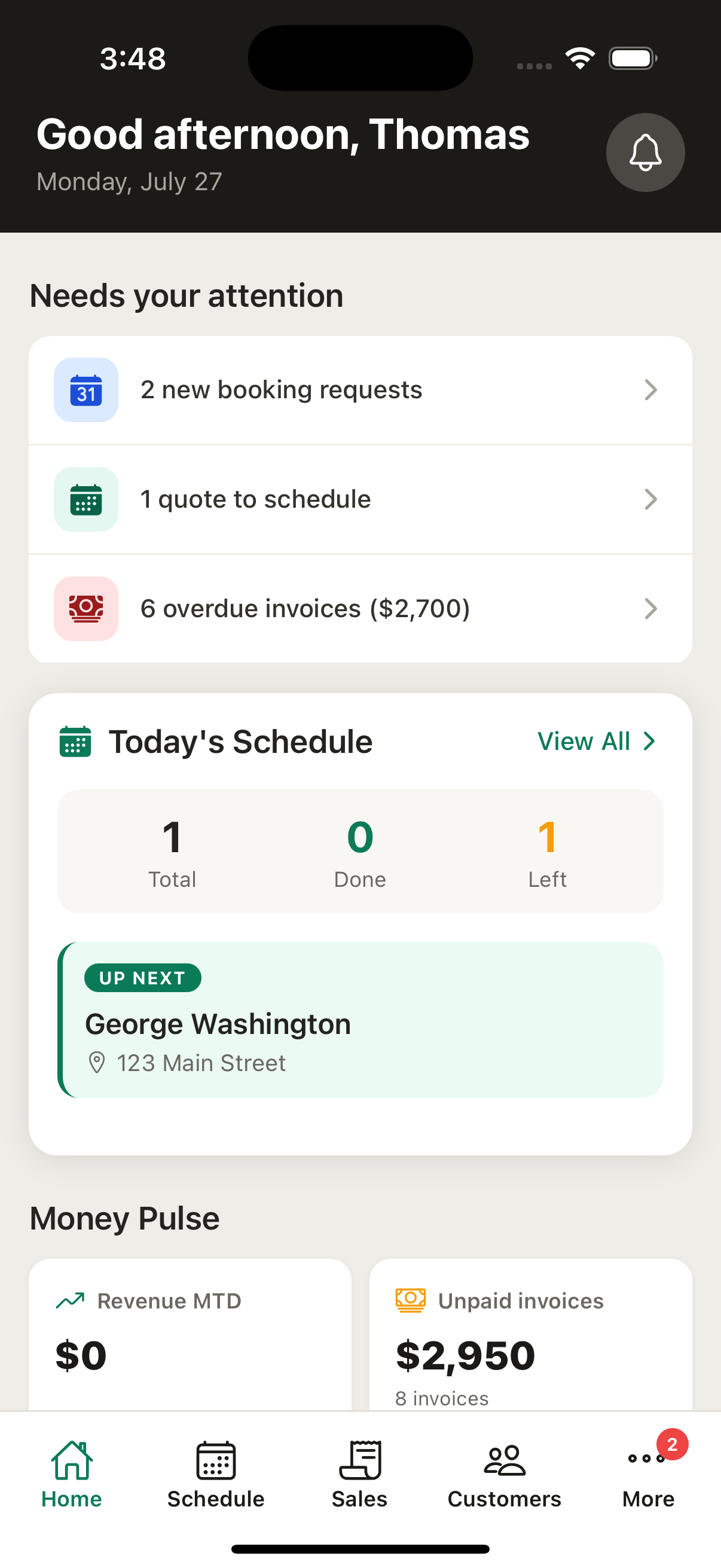The Trade Caddy home screen showing the day's work