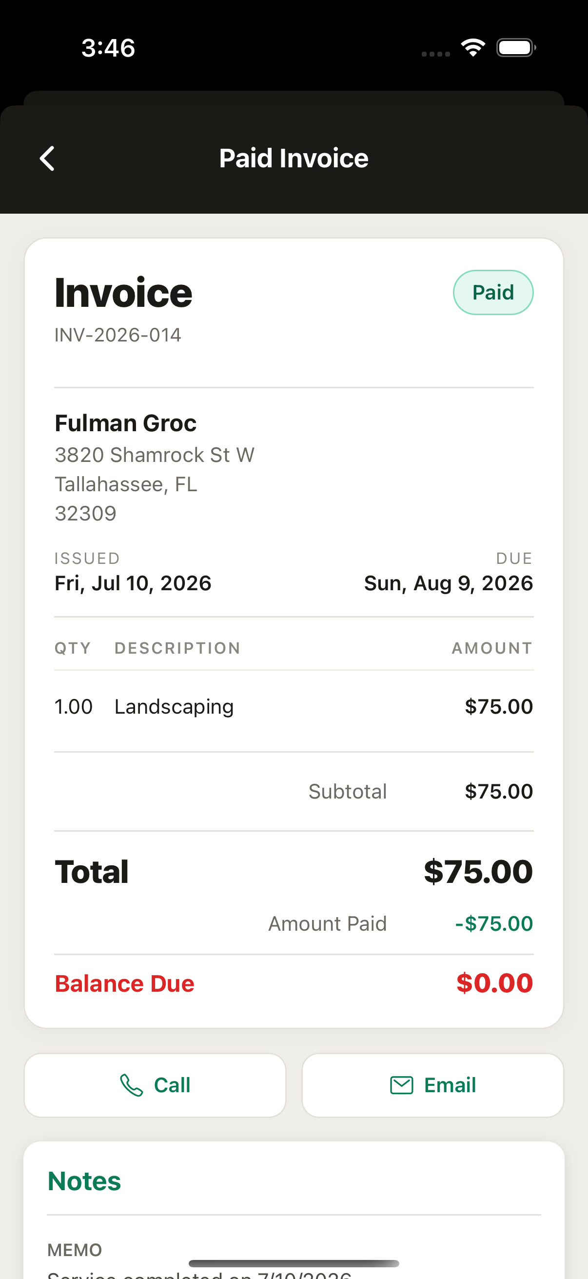 A paid invoice in Trade Caddy showing a zero balance due