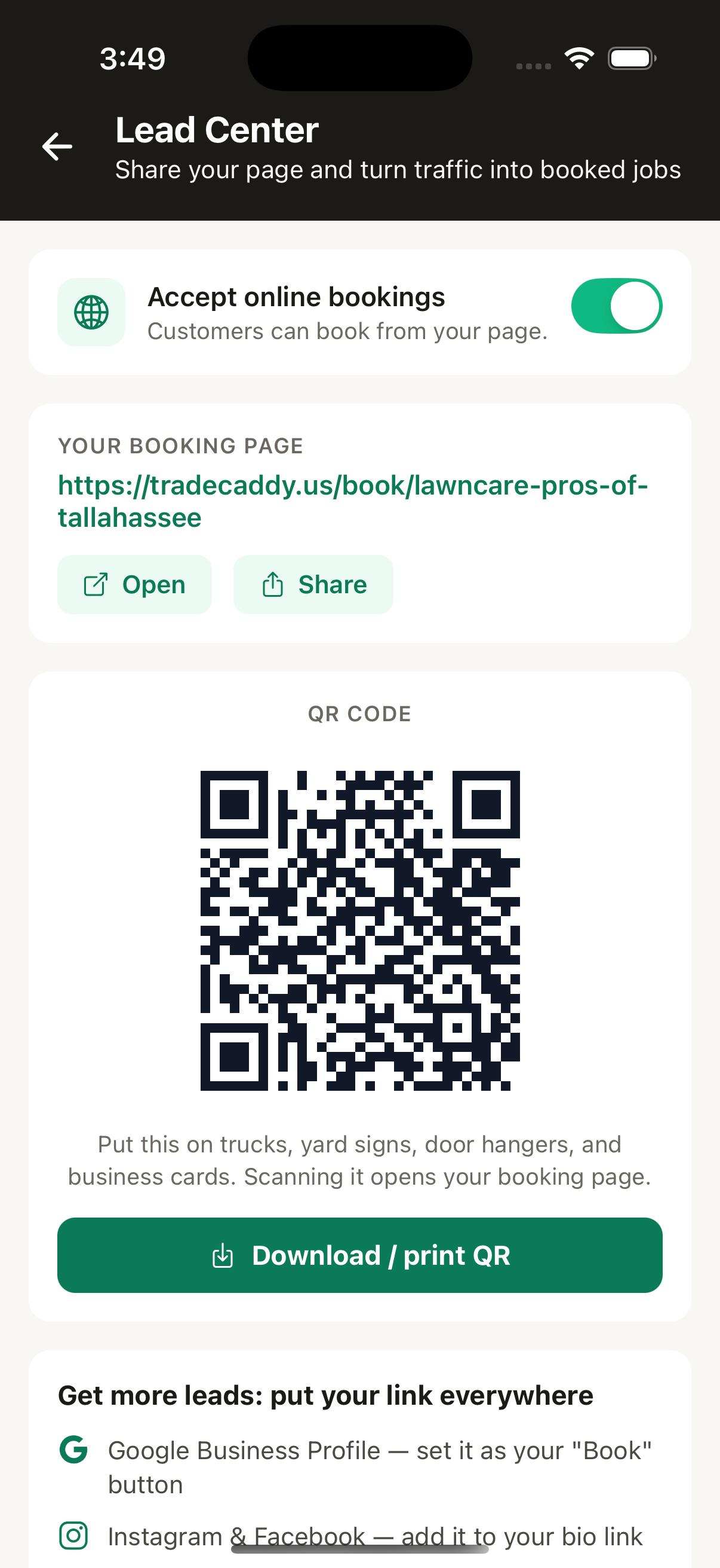 The Lead Center in Trade Caddy showing a booking page link and QR code