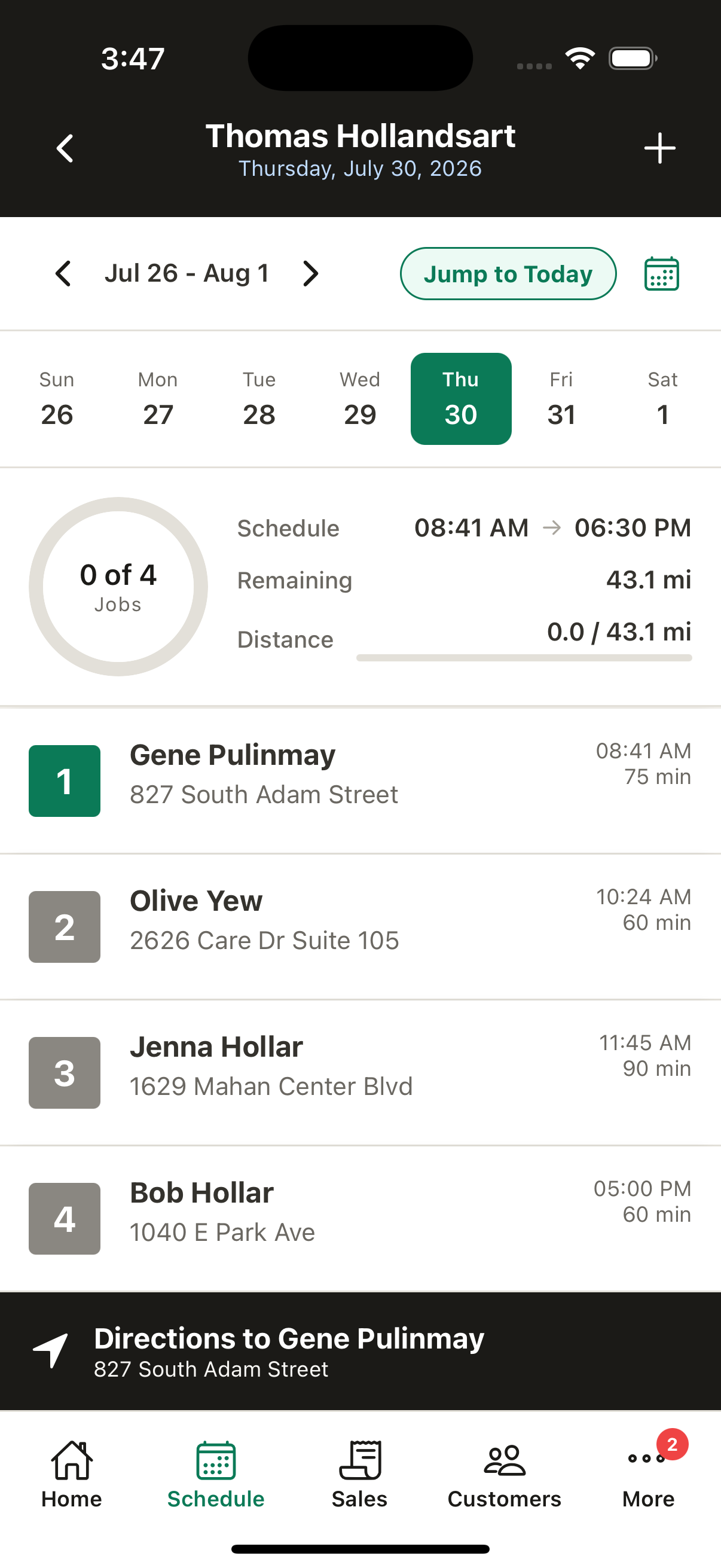 A day of jobs in the order they were booked, before optimization