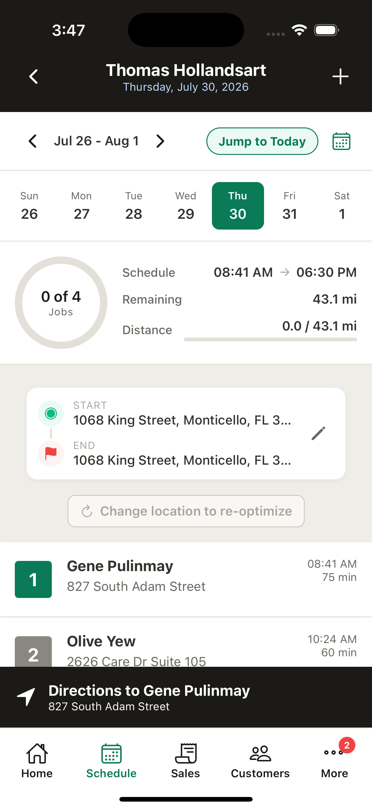 An optimized day of jobs in Trade Caddy with drive distance and arrival times
